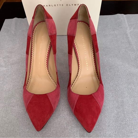 Charlotte Olympia DESIREE IN STRIPES Suede Pumps Rouge/Dark Pink SZ 8.5/EU 38.5 - Picture 3 of 14